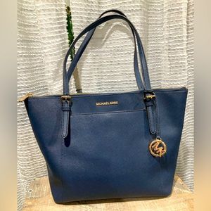 Michael Kors Ciara Navy Blue Saffanio Leather Two Strap Zippered Shoulder Tote